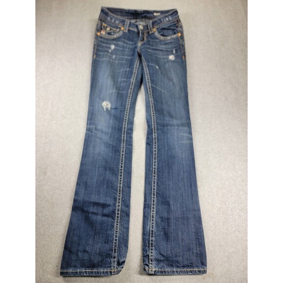 Mek Denim Jeans Womens 26 27x23 New York Boot Low Rise Stretch Distressed Dark - Picture 1 of 12